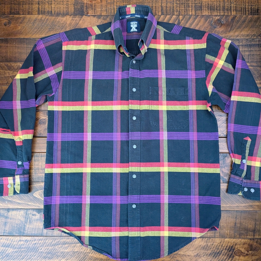 Twenty X Shirt Mens Medium Black Purple Plaid Vintage Cowboy Rancher Rodeo USA